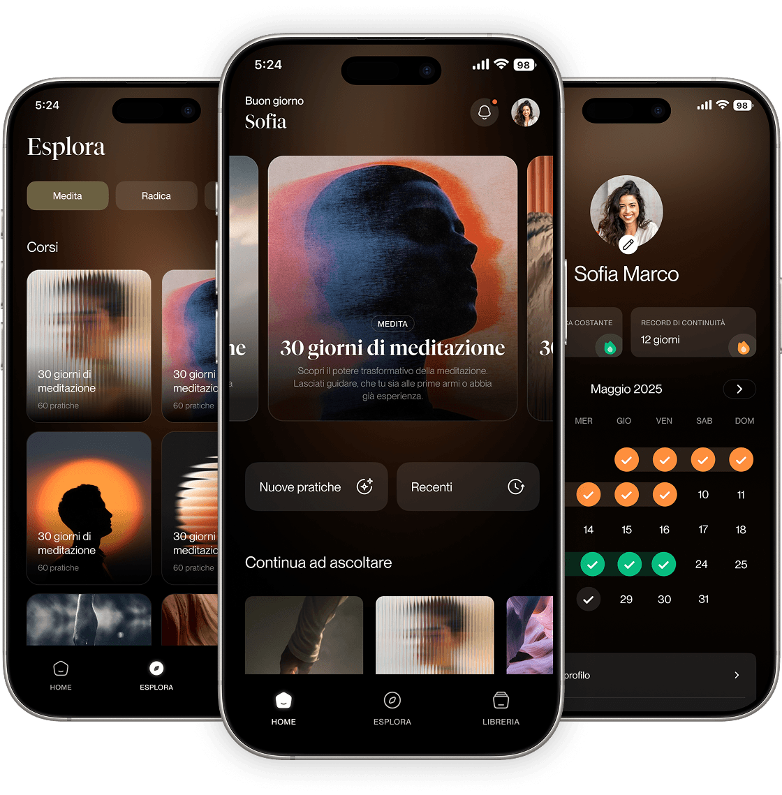 Anapana meditation app interface showing three iPhone screens - explore page with meditation courses, main dashboard with 30-day meditation program, and user profile with meditation streak calendar